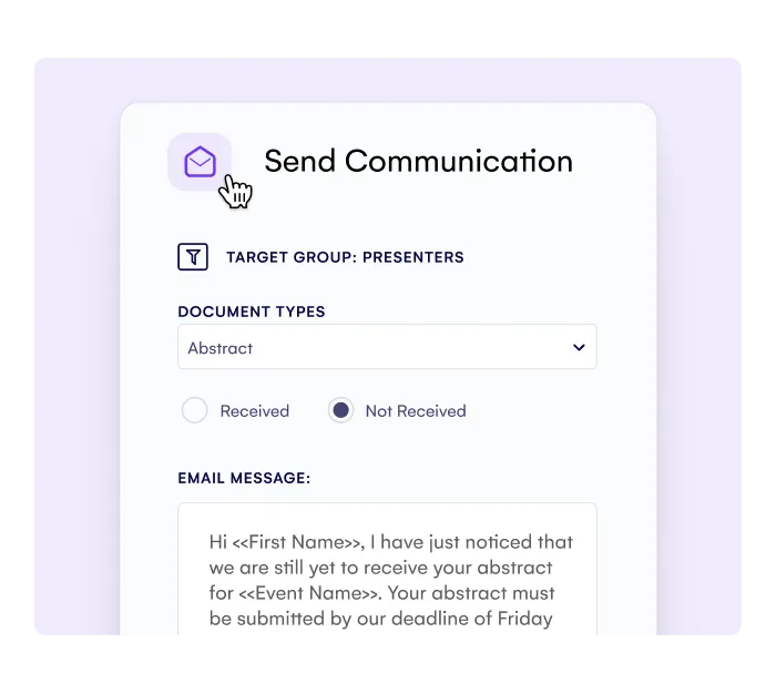 Send Communication screen composing an abstract reminder email to a presenter target group