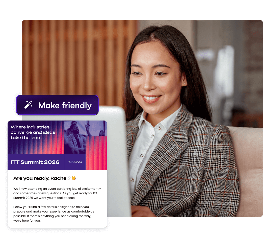 Woman at a laptop beside an AI Make friendly tool rewriting an event invitation email