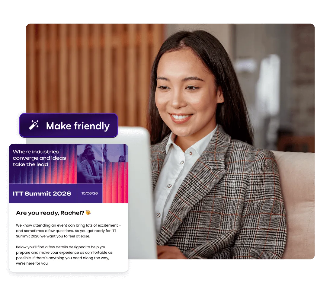 Woman at a laptop beside an AI Make friendly tool rewriting an event invitation email