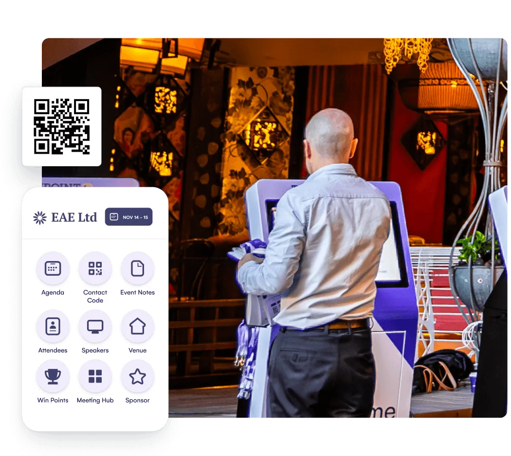 Attendee using a self-service check-in kiosk beside an event app menu screen