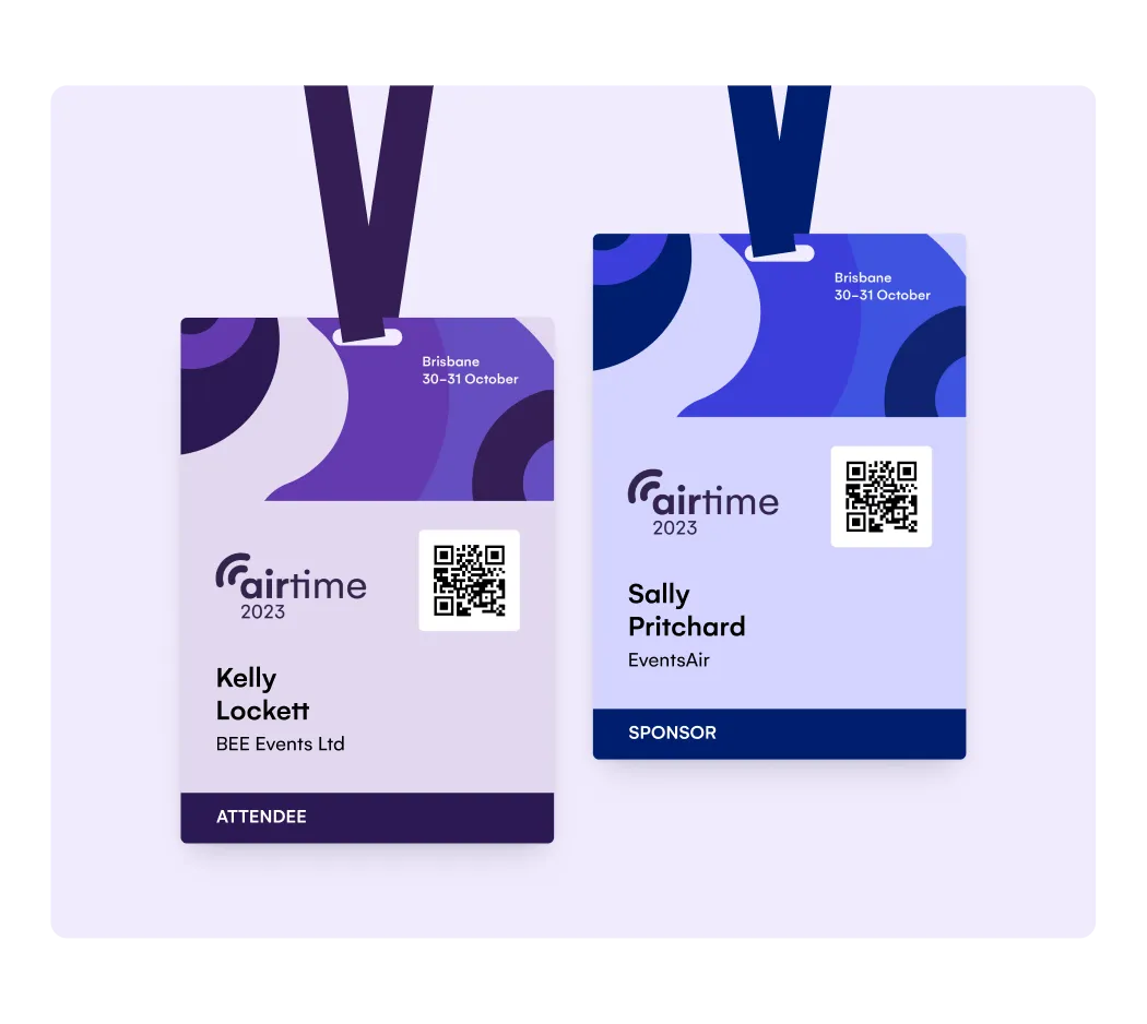 Printed AirTime 2023 attendee and sponsor name badges on lanyards