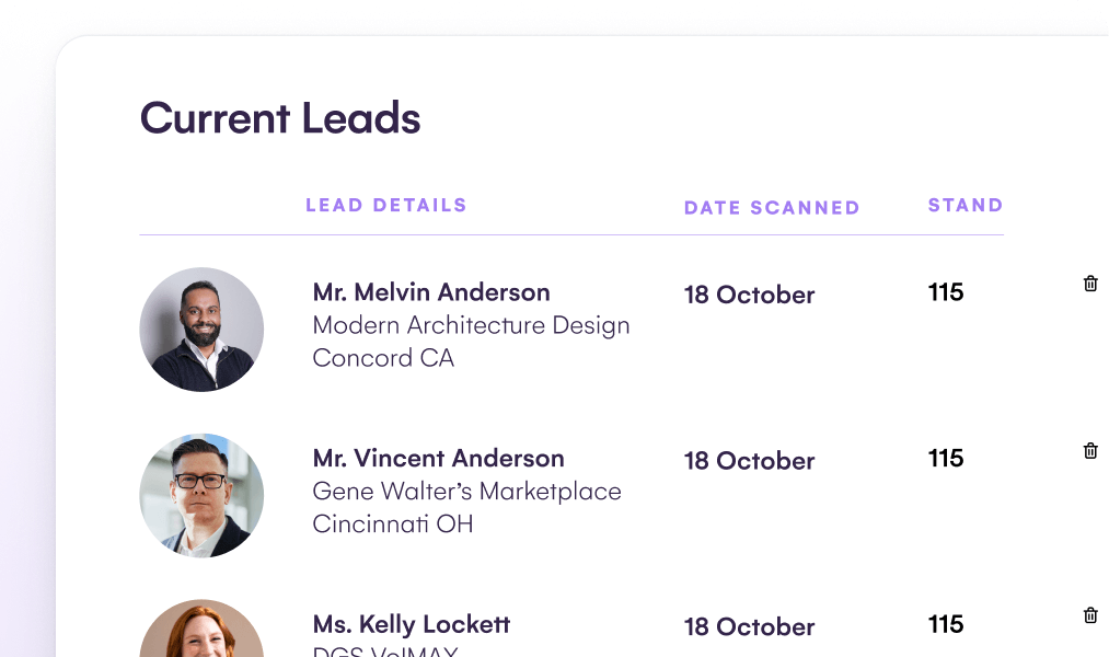 Current leads list showing captured contacts, scan dates and stand numbers