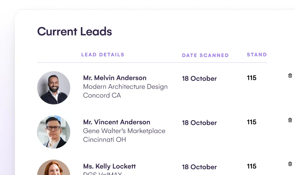 Current leads list showing captured contacts, scan dates and stand numbers