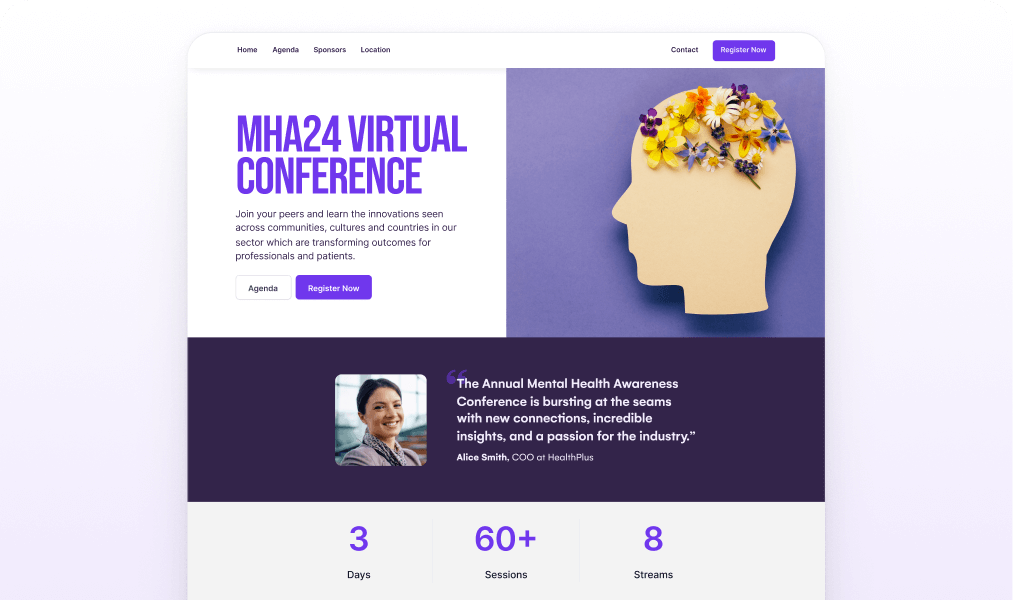 MHA24 Virtual Conference event website with registration buttons, a testimonial and session statistics