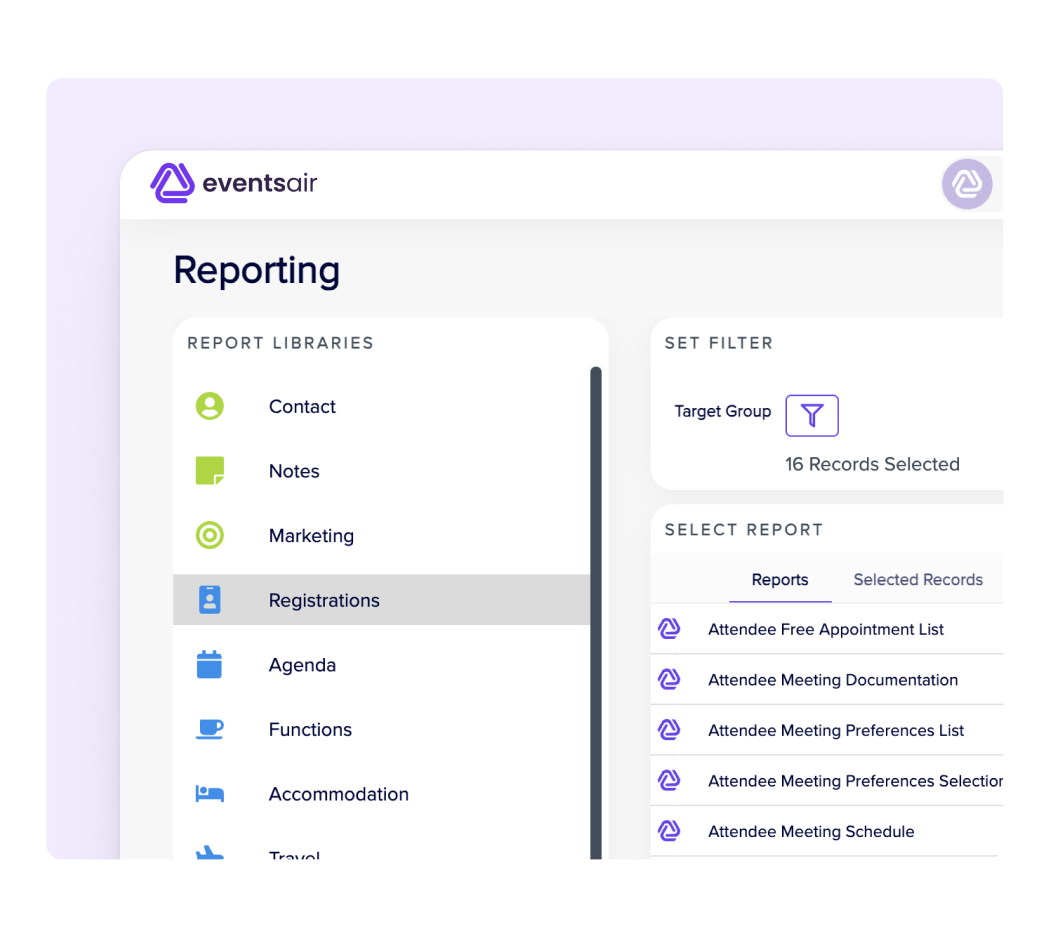 EventsAir Reporting screen with report libraries, target group filter and registration reports