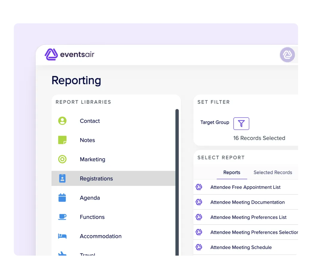 EventsAir Reporting screen with report libraries, target group filter and registration reports