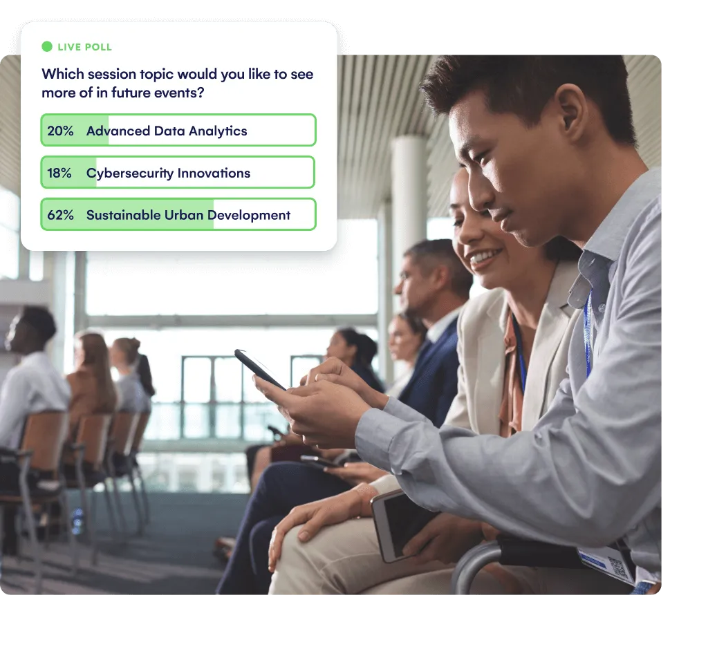 Attendees on phones in a session with a live poll on preferred future session topics