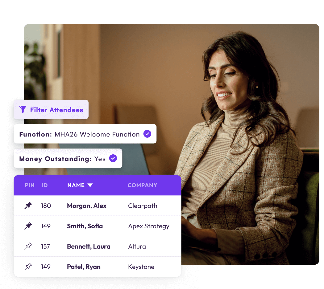 EventsAir attendee filters and pinned attendee list beside a planner working on a laptop