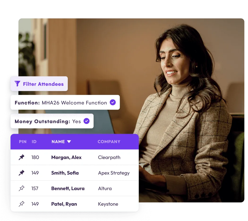 EventsAir attendee filters and pinned attendee list beside a planner working on a laptop