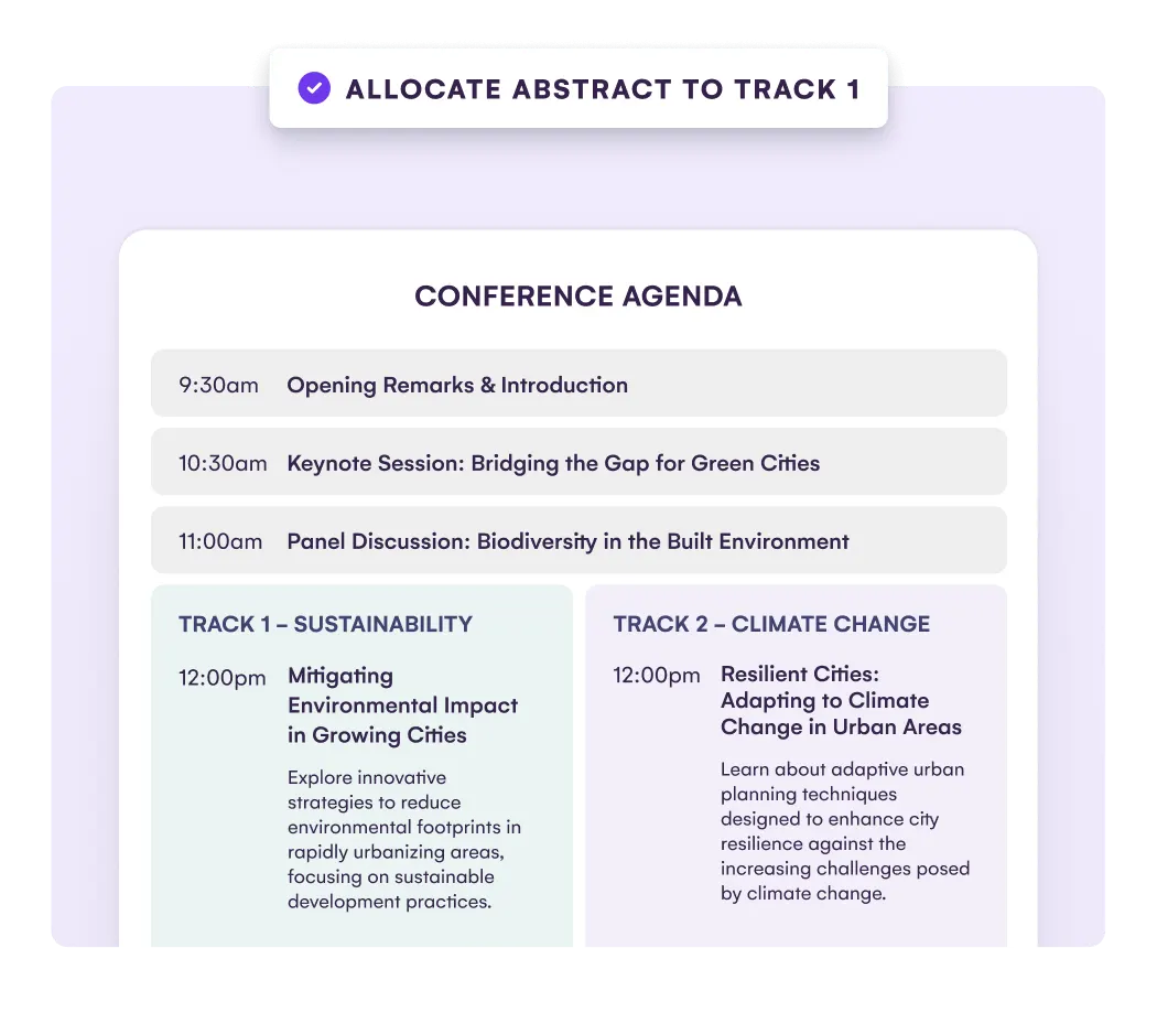 Conference agenda with parallel tracks and an allocate abstract to track 1 confirmation