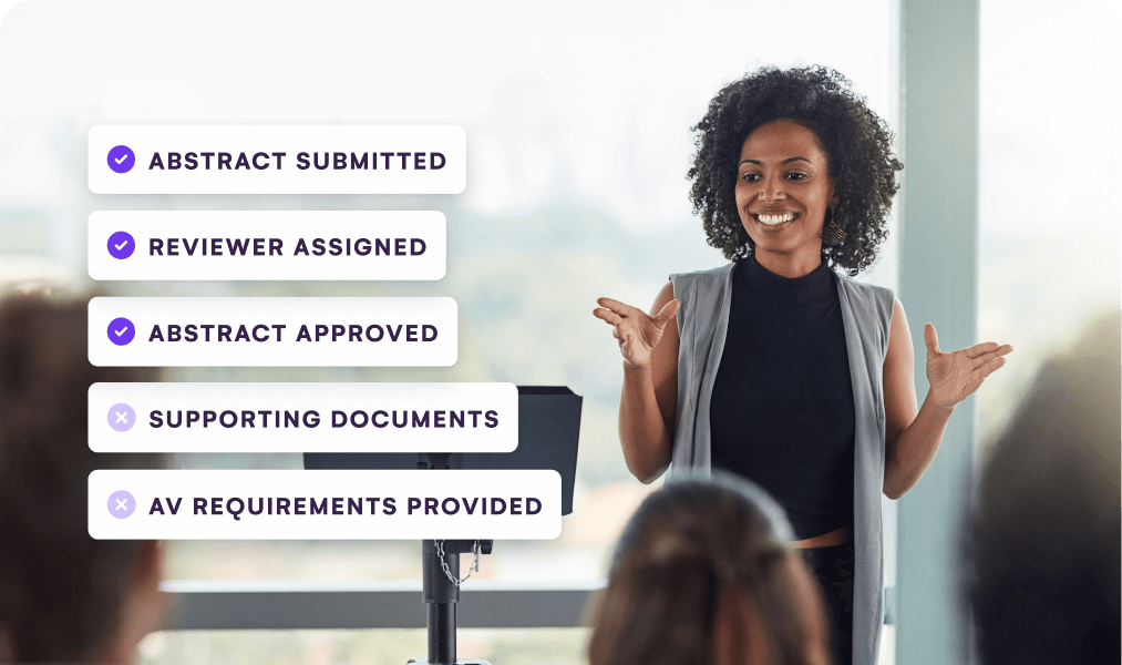 Speaker presenting to an audience beside a checklist of abstract submission and review steps