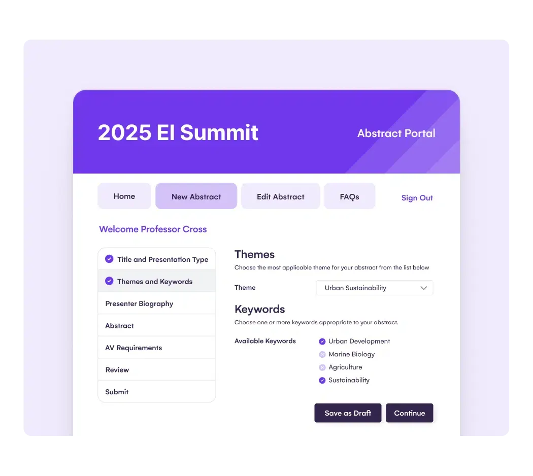 Abstract submission portal for the 2025 EI Summit showing theme and keyword selection steps