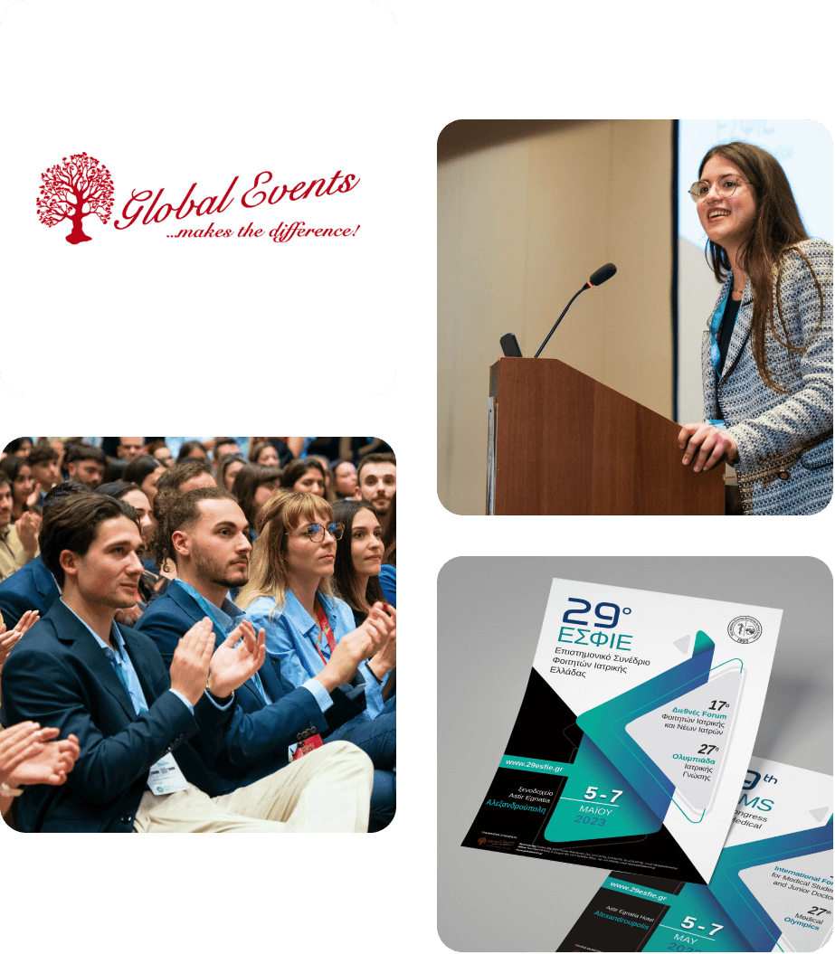 Global Events logo with conference speaker, applauding audience and event programme flyers