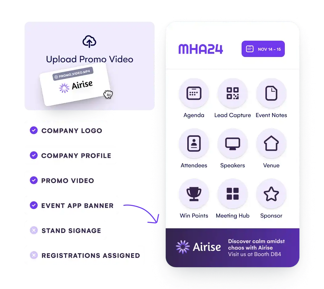 Sponsor onboarding checklist beside an event app screen with agenda, lead capture and sponsor banner