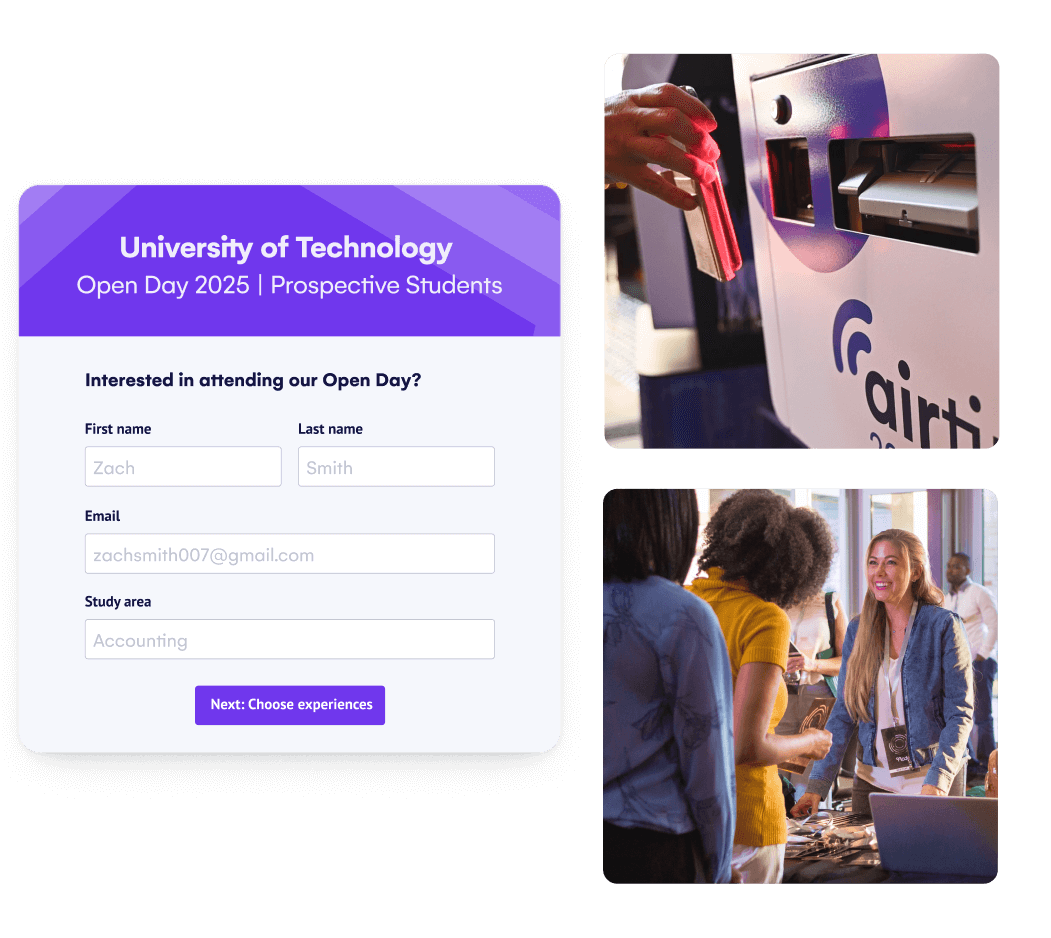 University open day registration form beside badge printing kiosk and welcome desk photos
