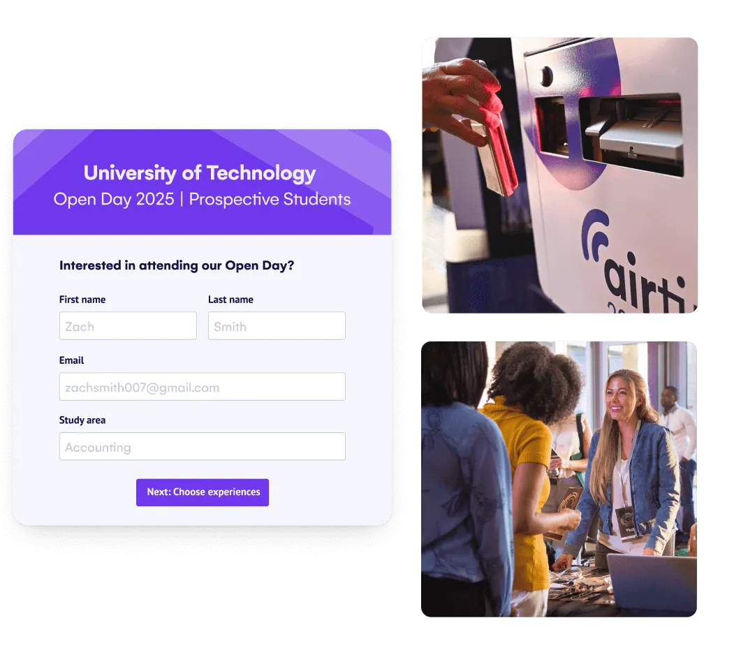 University open day registration form beside badge printing kiosk and welcome desk photos