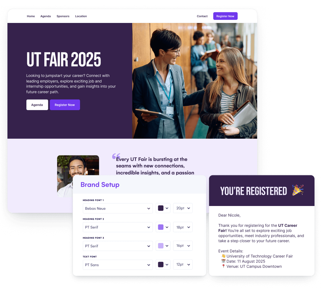 UT Fair 2025 event site with brand setup options and a registration confirmation email