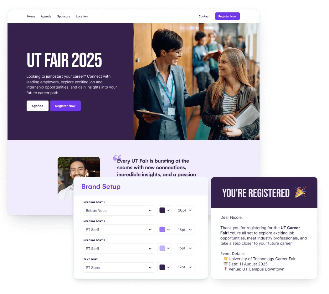 UT Fair 2025 event site with brand setup options and a registration confirmation email