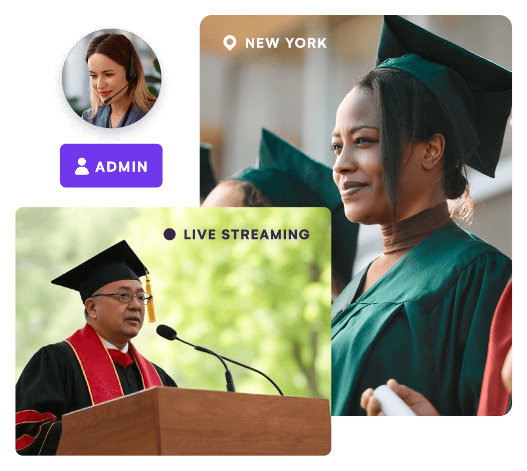 University graduates in caps and gowns alongside a live streaming ceremony panel