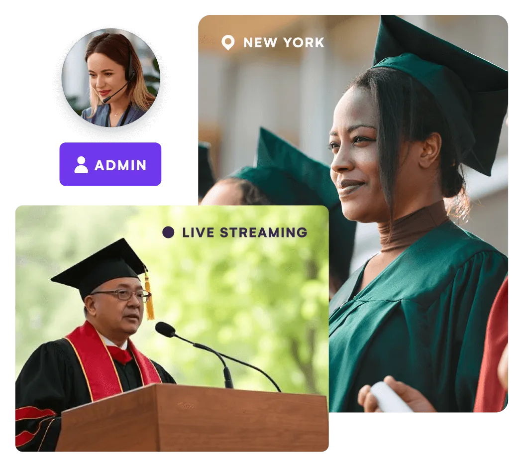University graduates in caps and gowns alongside a live streaming ceremony panel