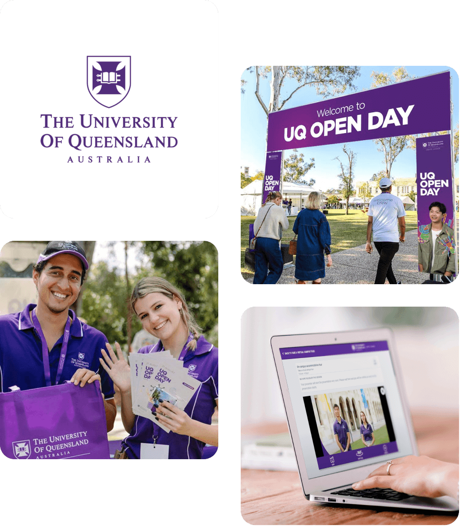 University of Queensland Open Day case study: campus entry arch, welcome crew students, and a virtual tour