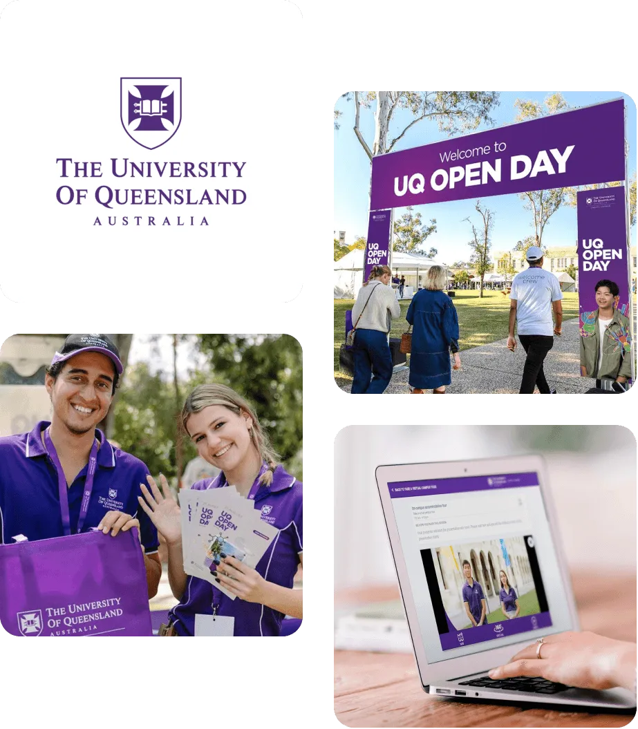 University of Queensland Open Day case study: campus entry arch, welcome crew students, and a virtual tour