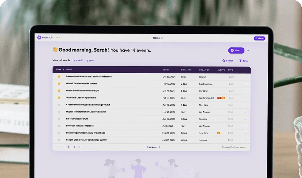 EventsAir events home screen on a laptop listing 14 upcoming conferences with dates and locations