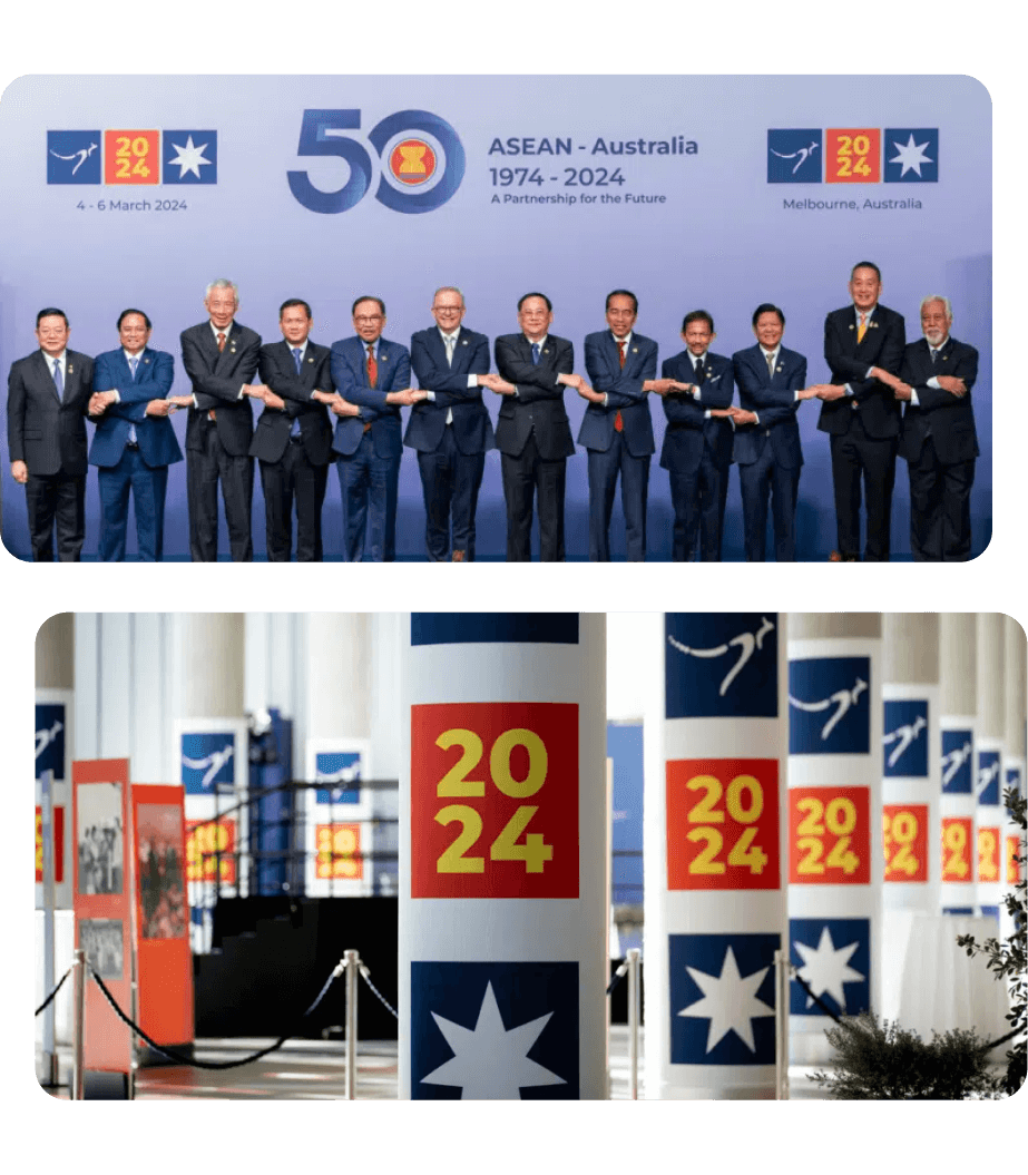 ASEAN-Australia Special Summit 2024 leaders on stage and branded event signage