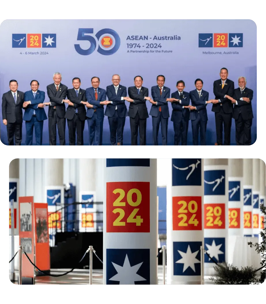 ASEAN-Australia Special Summit 2024 leaders on stage and branded event signage