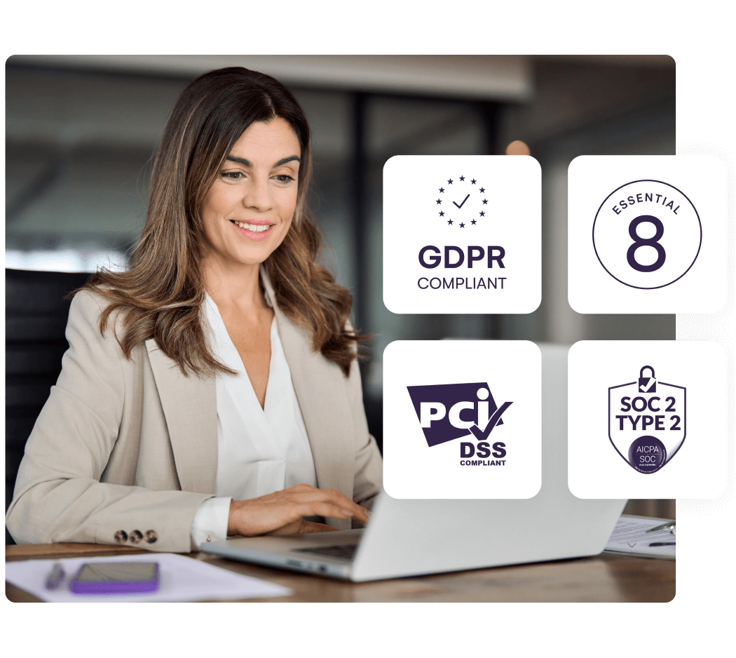 Woman at a laptop beside GDPR, Essential 8, PCI DSS and SOC 2 Type 2 compliance badges