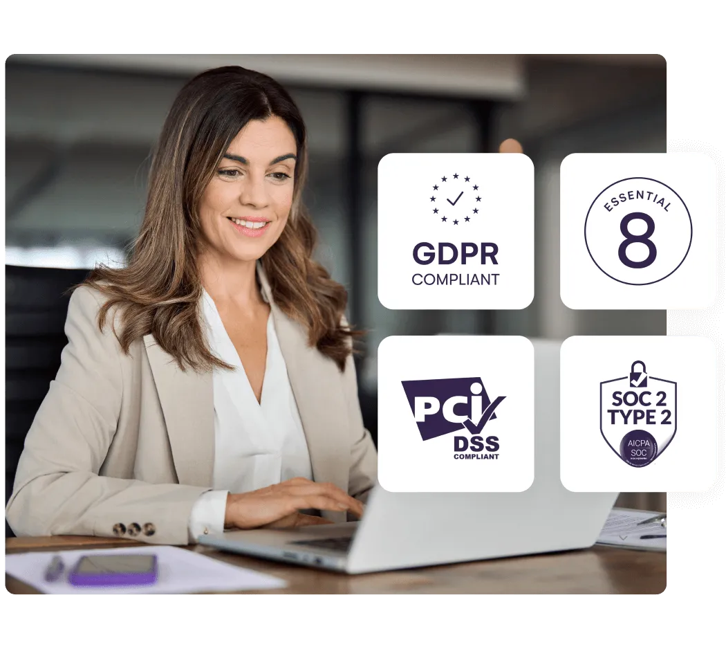 Woman at a laptop beside GDPR, Essential 8, PCI DSS and SOC 2 Type 2 compliance badges