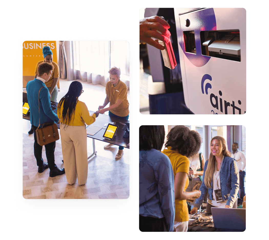 Attendees checking in at an event registration desk, badge printer and networking