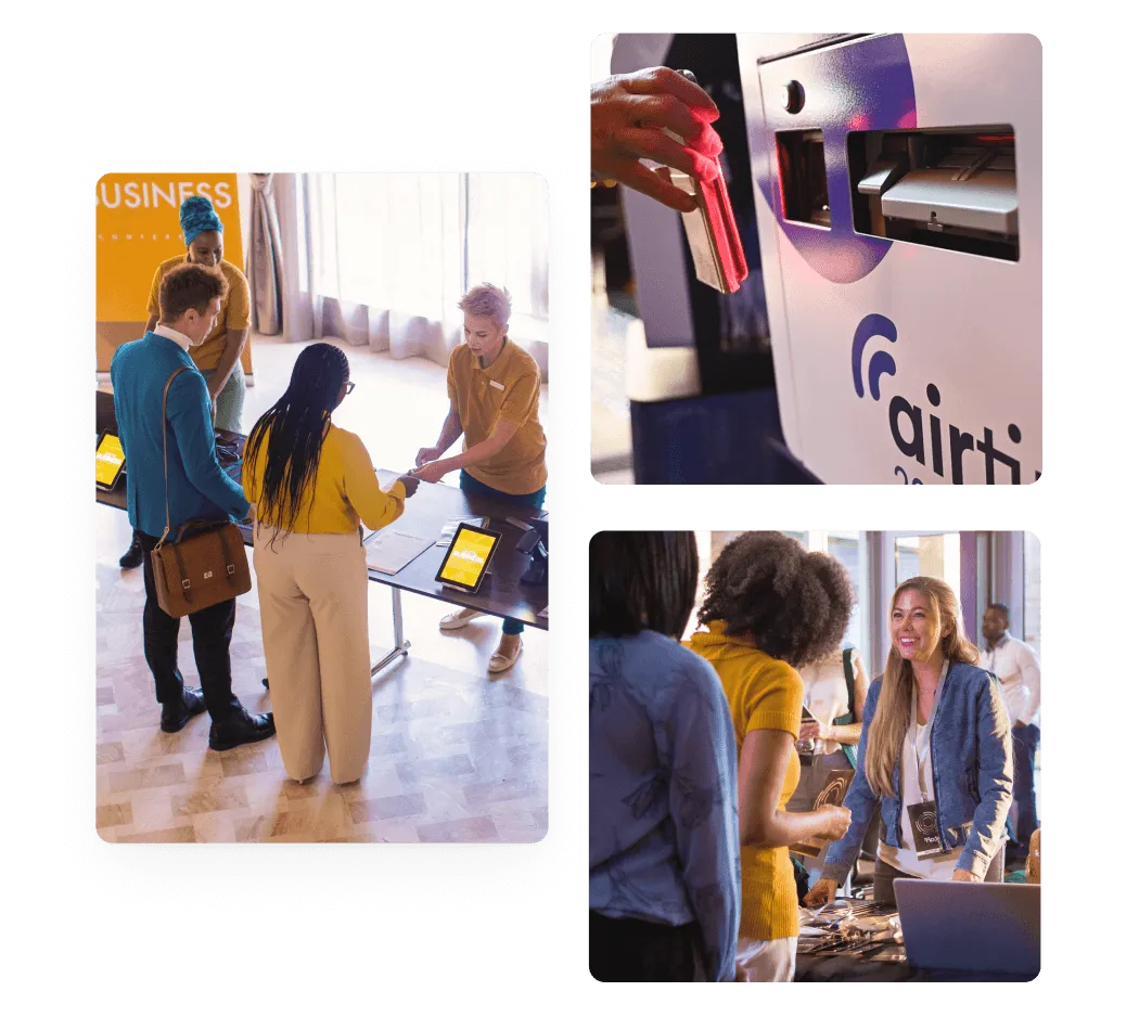 Attendees checking in at an event registration desk, badge printer and networking