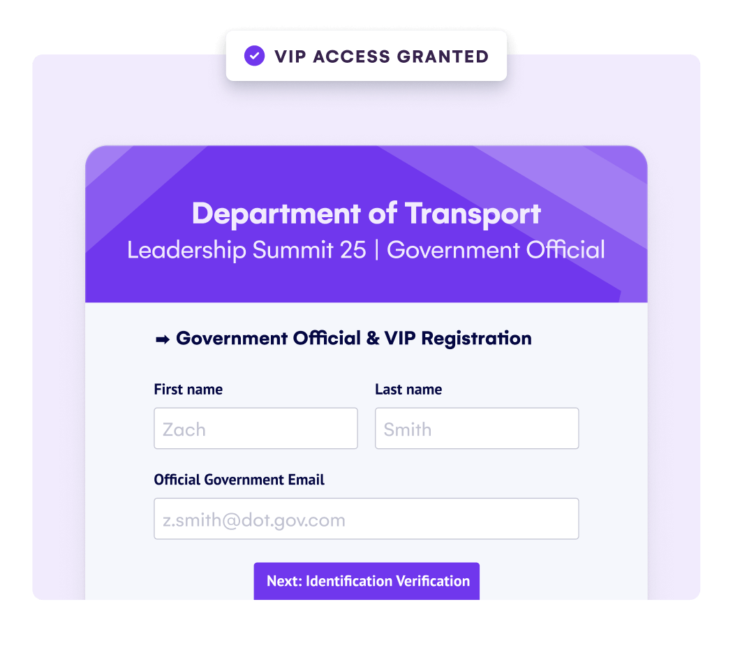 Government official and VIP registration form with VIP access granted confirmation