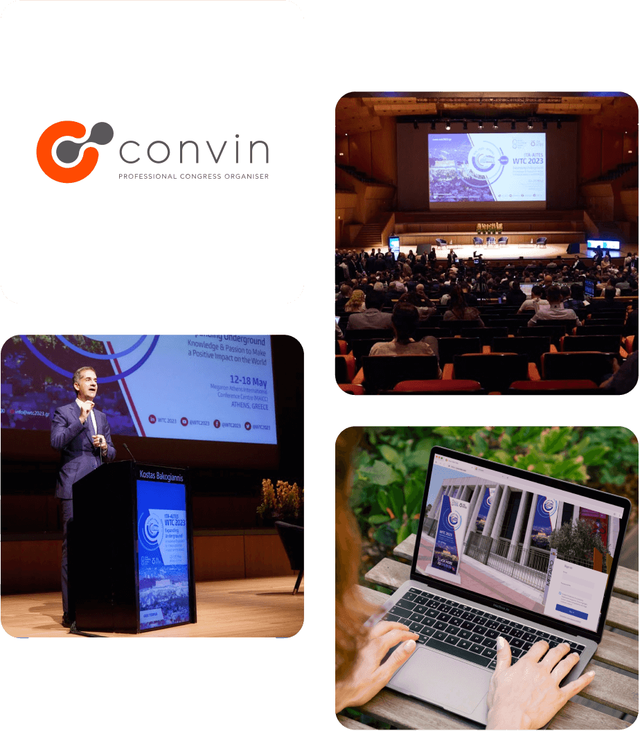 CONVIN logo with photos of a congress plenary, a speaker on stage and the event website