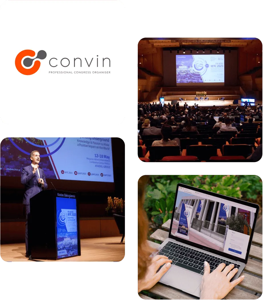 CONVIN logo with photos of a congress plenary, a speaker on stage and the event website