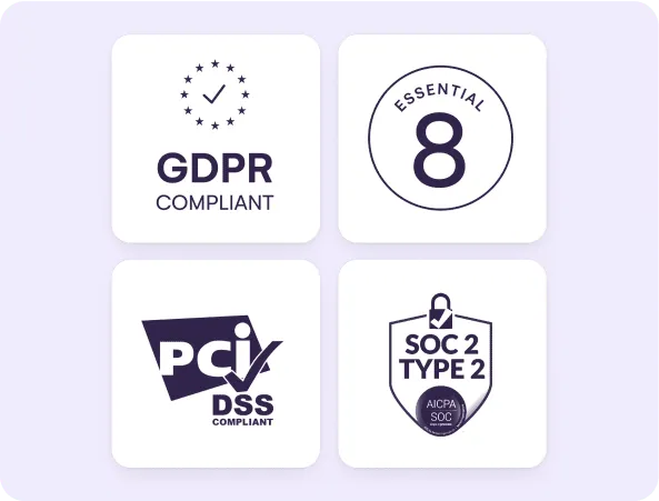 GDPR, Essential 8, PCI DSS and SOC 2 Type 2 compliance badges