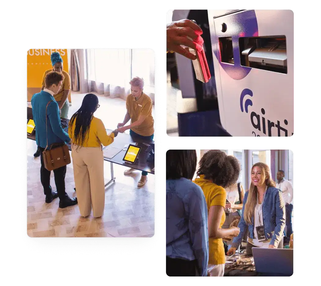 Attendees checking in at a registration desk, a badge printing kiosk, and a staffed welcome counter