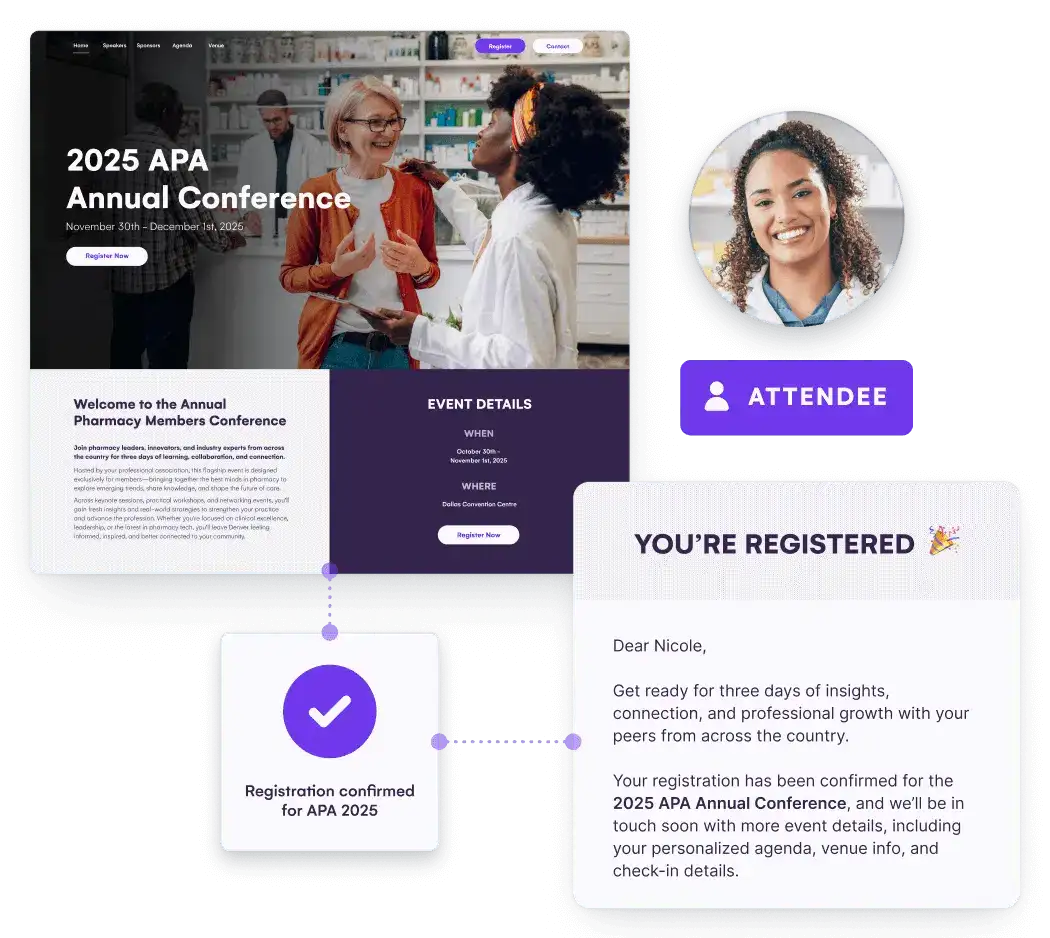 Conference event website with a registration confirmation email for an attendee