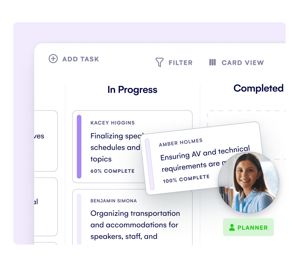 Event task board with In Progress and Completed columns showing planner task cards