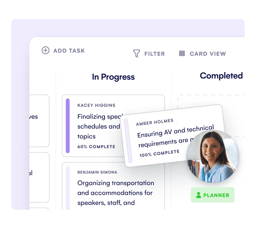 Event task board with In Progress and Completed columns showing planner task cards