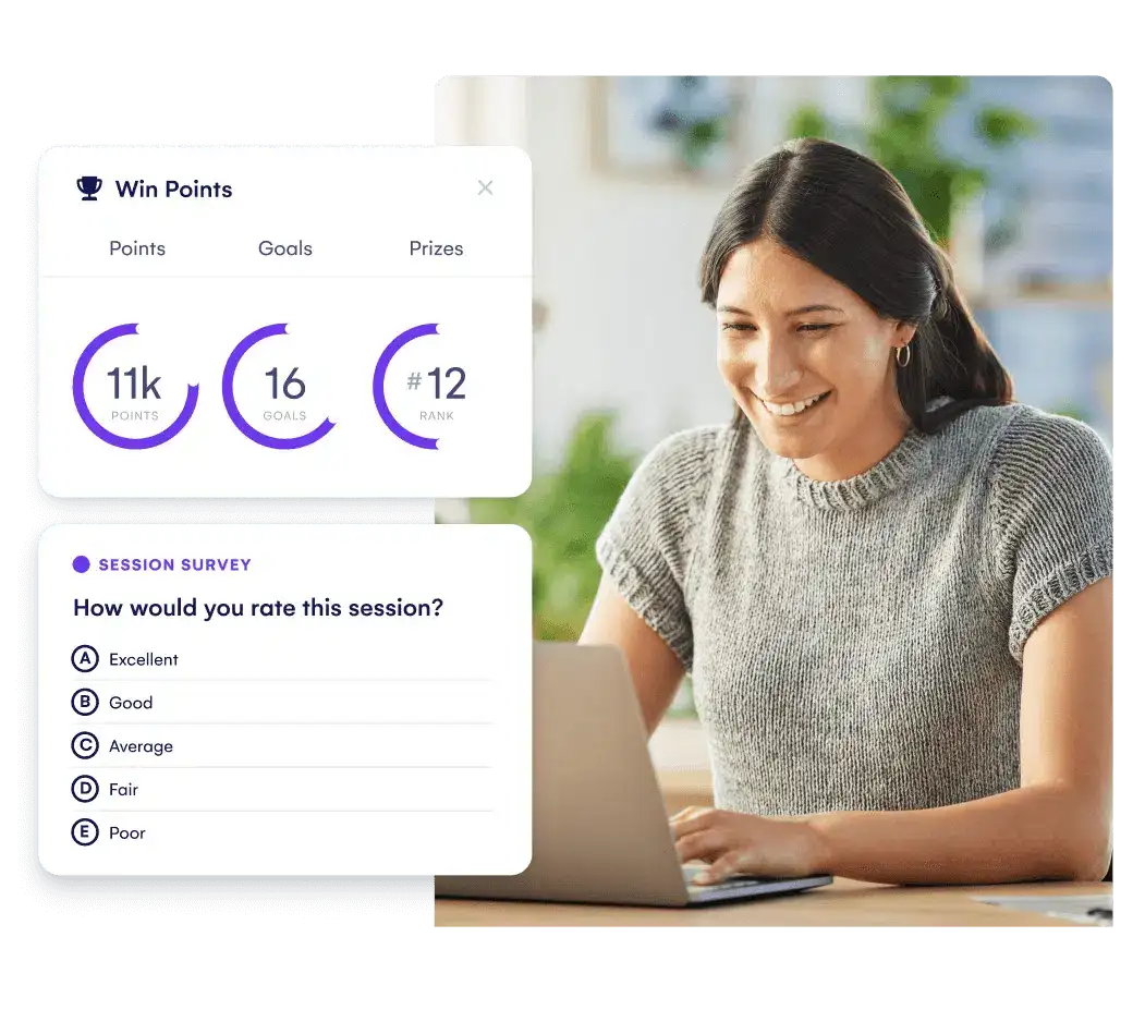 Woman at a laptop with Win Points gamification panel and a session survey rating question