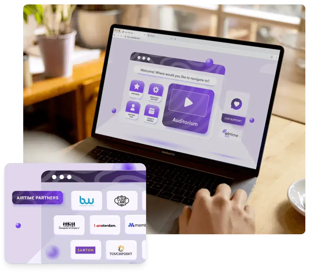 Virtual event lobby on a laptop with auditorium, partners and live support panels