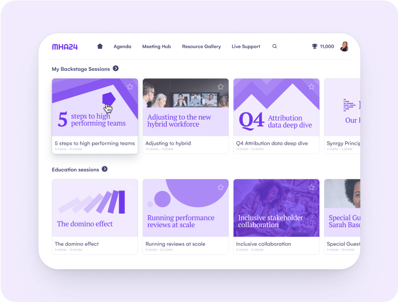 On-demand virtual event portal showing backstage and education session cards
