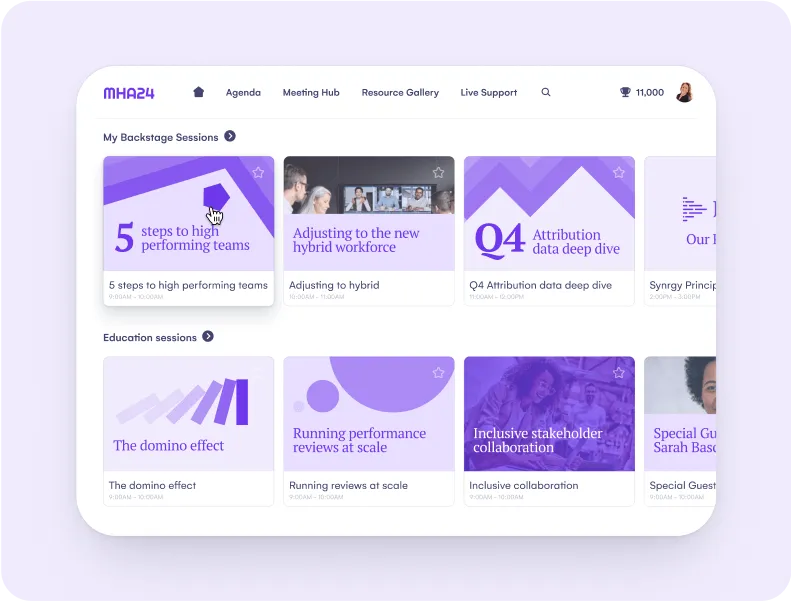 On-demand virtual event portal showing backstage and education session cards
