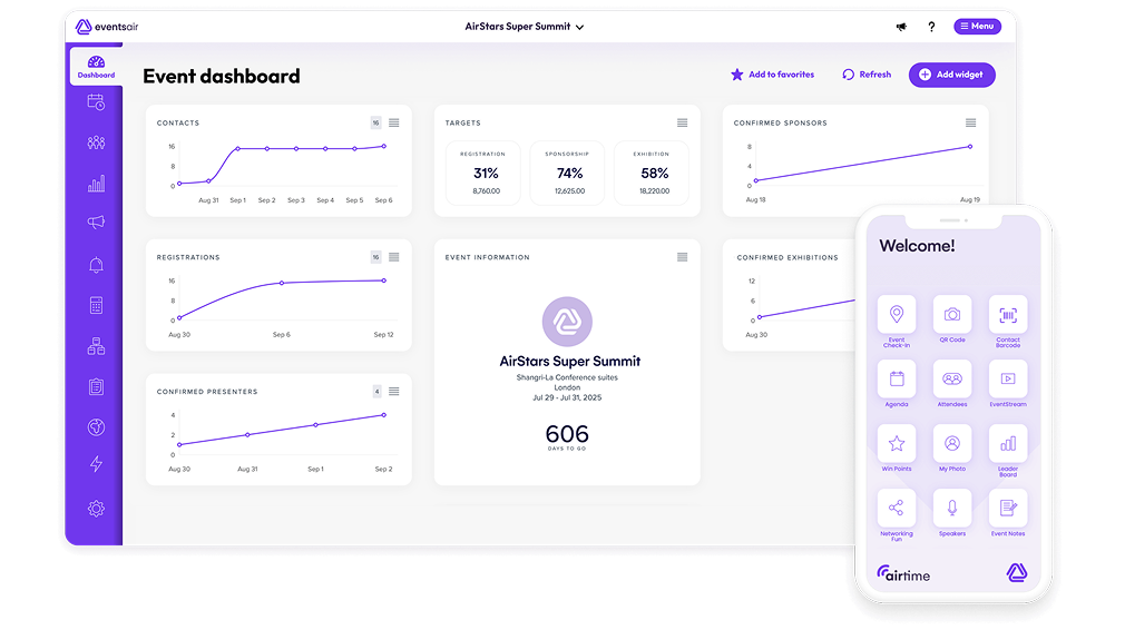 EventsAir event dashboard with registration and sponsor charts alongside the attendee mobile app