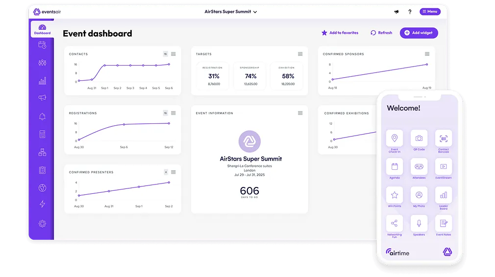 EventsAir event dashboard with registration and sponsor charts alongside the attendee mobile app