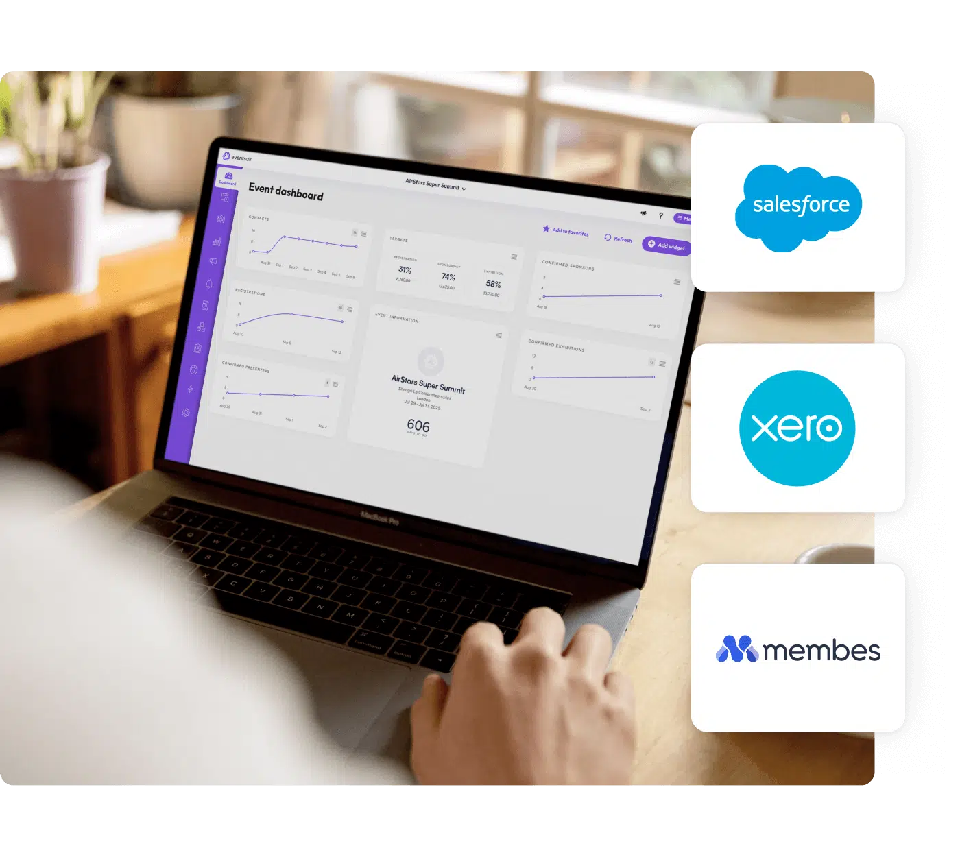 Event dashboard on a laptop with Salesforce, Xero and Membes integration logos