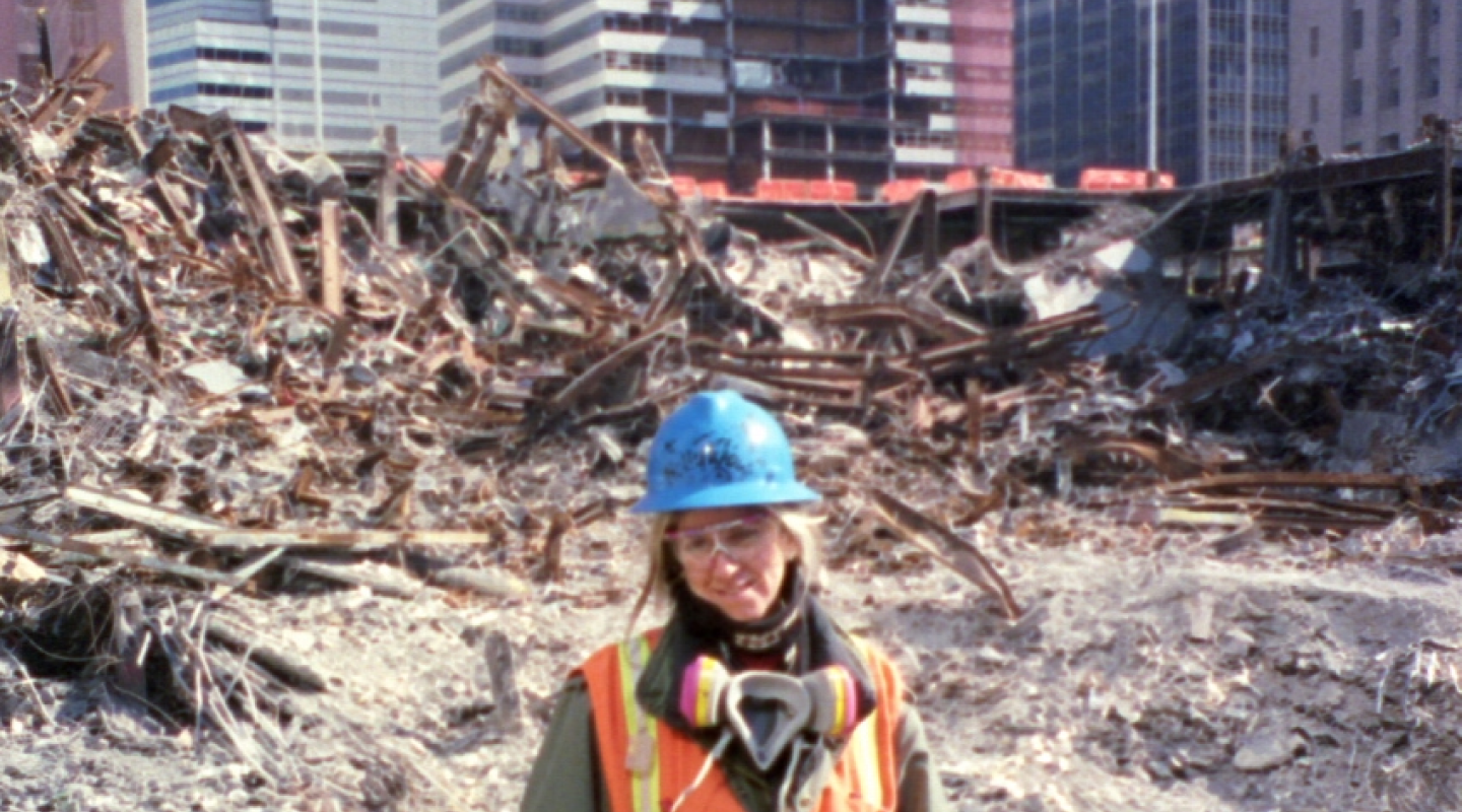 Solange Schwalbe wearing protective equipment while working at Ground Zero after 9/11.