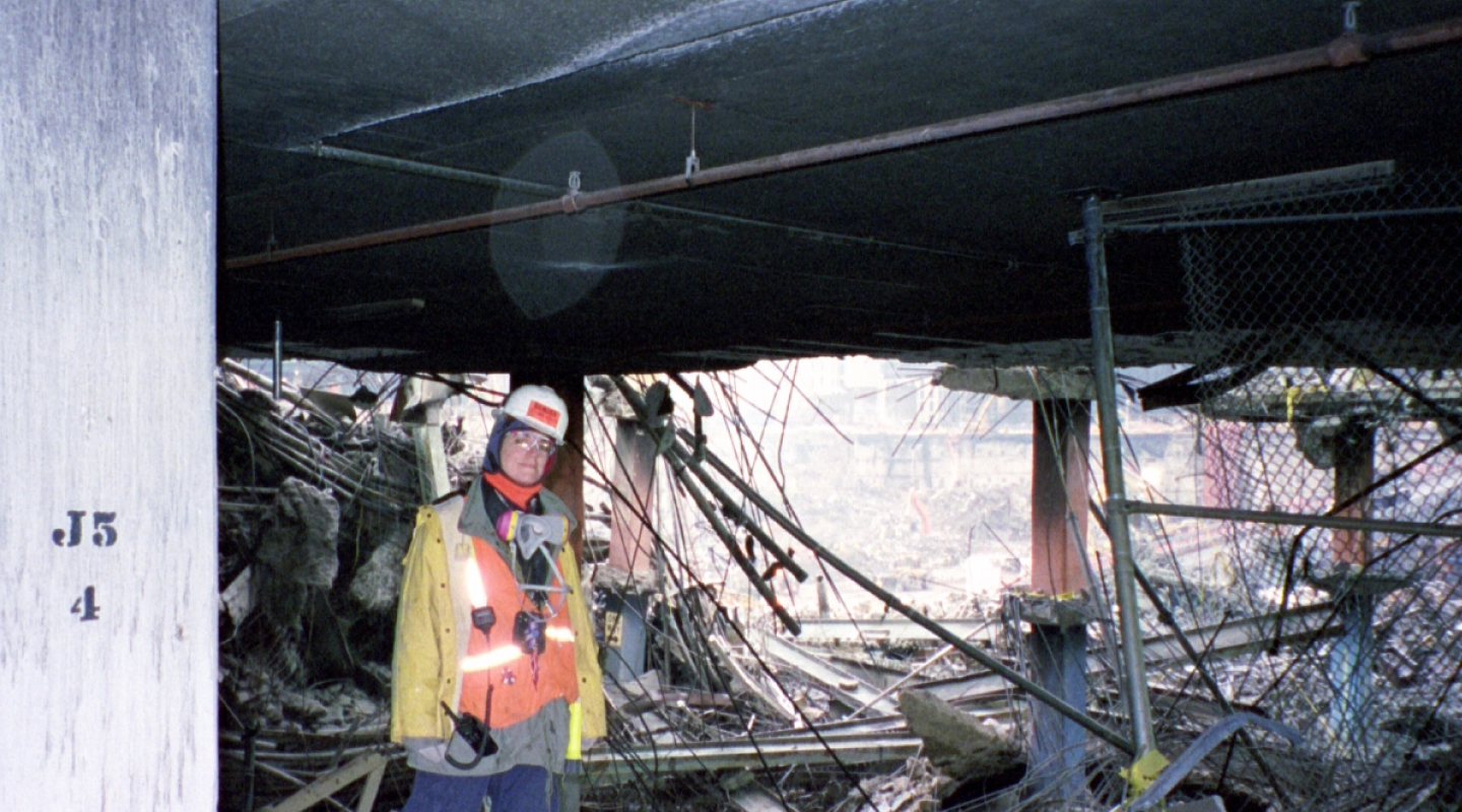 Solange Schwalbe inside the Ground Zero recovery site after the September 11 attacks.